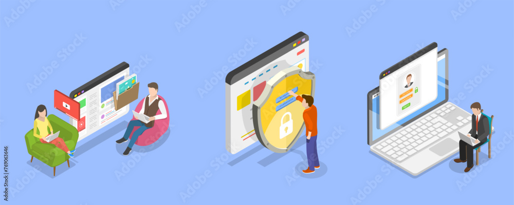 3D Isometric Flat Vector Illustration of Cloud Services, Cyber Security and Personal Data Protection - obrazy, fototapety, plakaty 