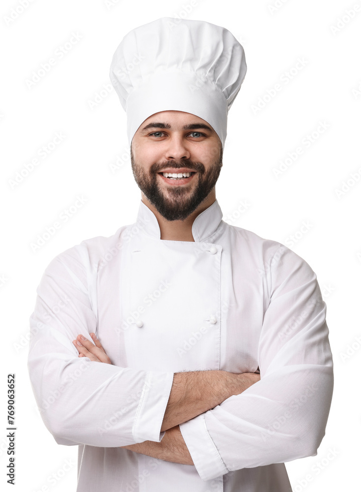Happy young chef in uniform on white background Happy young chef in uniform on white background