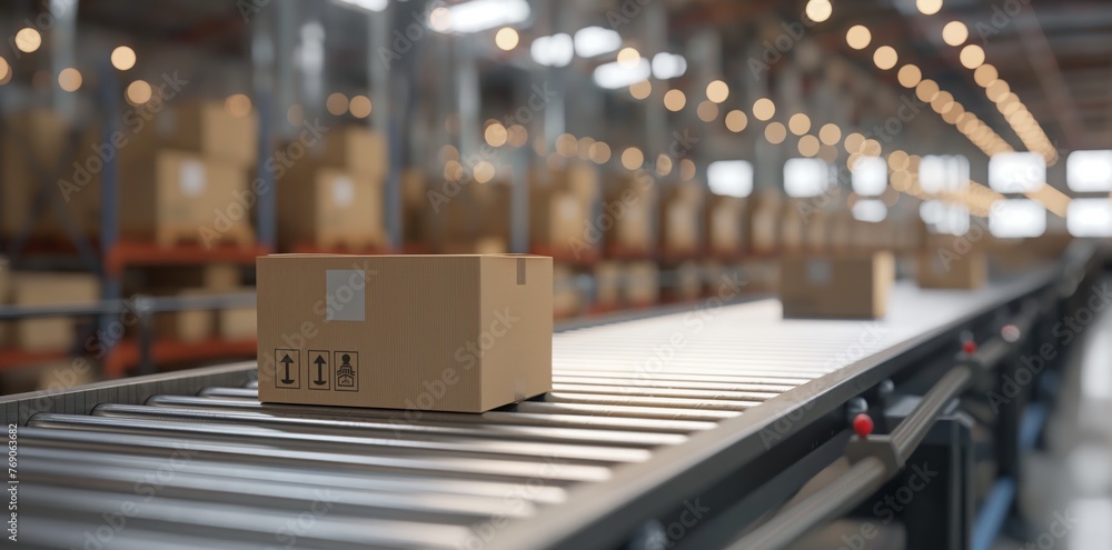 Cardboard Box on Conveyor Belt in a Distribution Warehouse
Cardboard Box on Conveyor Belt in a Distribution Warehouse