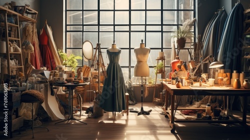 interior of the fashion designer studio is a personal room with various sewing items, fabrics, and mannequins. photo