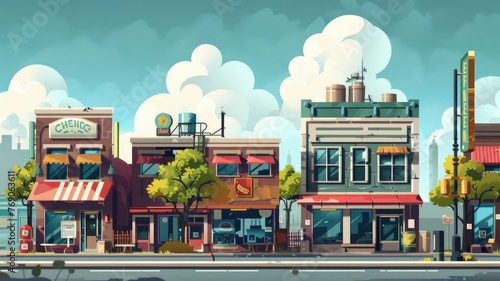 Vibrant depiction of classic downtown shopping area - Lively downtown scene with shops and restaurants  capturing the essence of urban life and commerce in a stylized manner