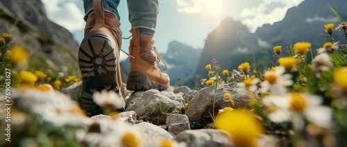 Hiker Walking Through Mountain Meadow with Wildflowers at Sunrise

