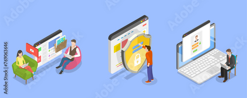 3D Isometric Flat Vector Illustration of Cloud Services, Cyber Security and Personal Data Protection