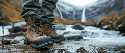 Hiker's Boots on Rocky Terrain with Waterfall in the Background 