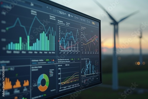 Energy Production Data Analytics on Screen with Wind Turbines at Dusk
