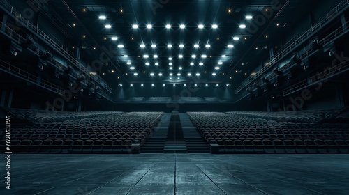 Symmetrical View of an Empty Concert Hall with Illuminated Ceiling Lights 