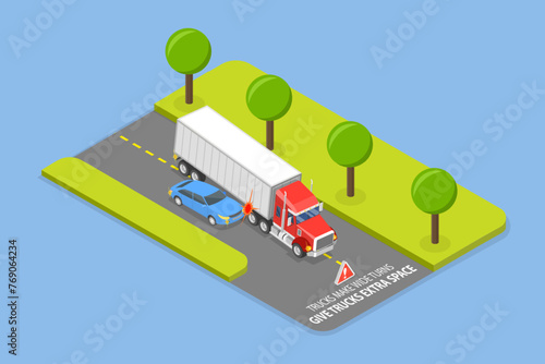 3D Isometric Flat Vector Illustration of Trucks Driving Rules, Road Safety