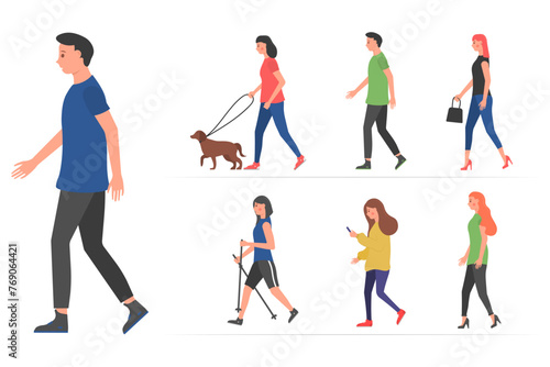 People on the street in different activity situations - dog walking, running, relaxing. Walking people. Various characters outdoors physical activity. Humans strolling with smartphones, vector.  © Little Monster 2070
