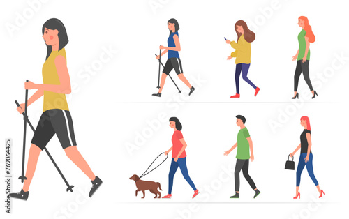 People on the street in different activity situations - dog walking, running, relaxing. Walking people. Various characters outdoors physical activity. Humans strolling with smartphones, vector. 