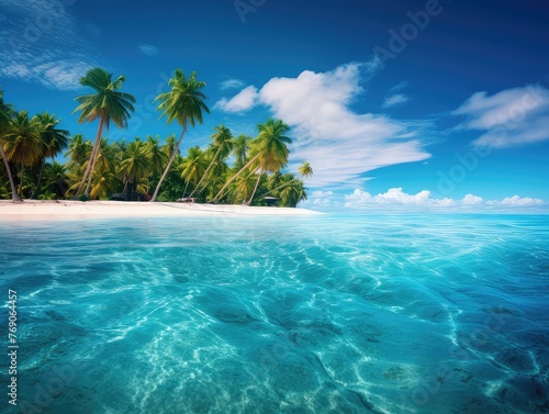 lush tropical island surrounded by endless blue ocean. It's like stepping into a paradise, with palm trees swaying in the gentle breeze and golden sands stretching along the shore. 
