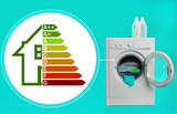 Energy efficiency rating label and washing machine with laundry on turquoise background
