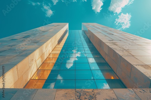 The upward perspective of a modern building s geometric facade contrasts strikingly against the deep blue sky  symbolizing ambition and progress