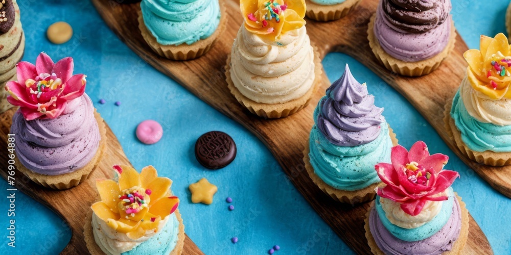 A table adorned with cupcakes covered in frosting and sprinkles on wooden boards A table adorned with cupcakes covered in frosting and sprinkles on wooden boards