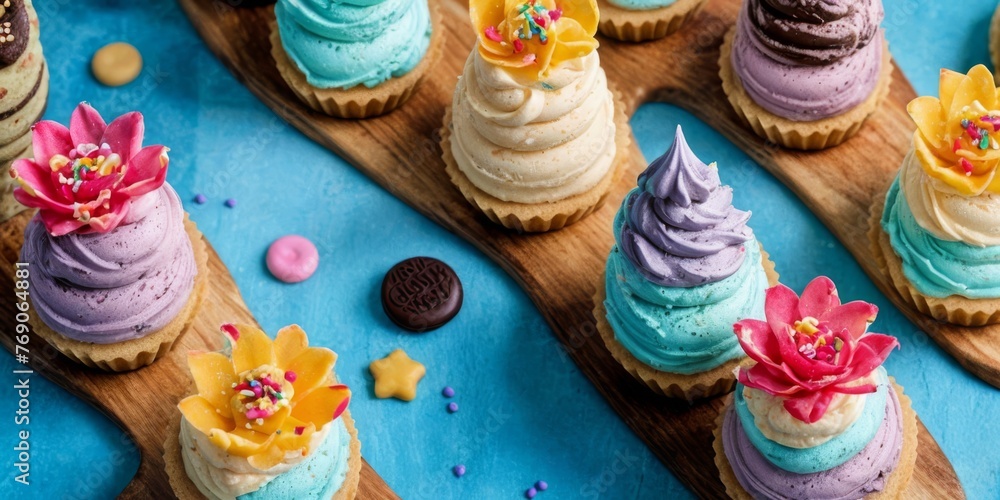  A table adorned with cupcakes covered in frosting and sprinkles on wooden boards