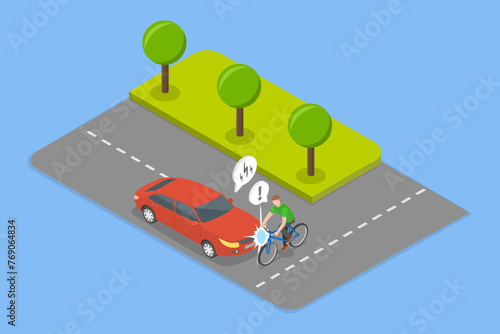3D Isometric Flat Vector Illustration of Cycling Road Accident, Collision with a Car