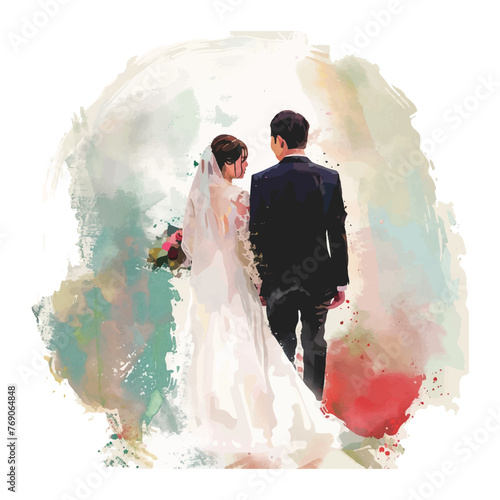 A Couple Wedding Bride And Groom Holding a Bouquets Vector Watercolor Ilustration
