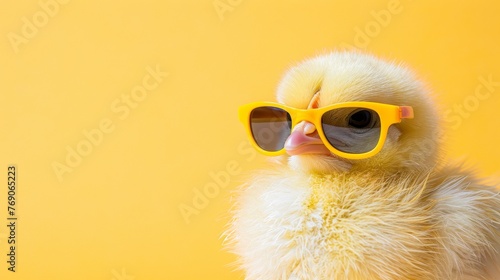Playful chicken in sunglasses on pastel background, cute farm animal portrait with text space