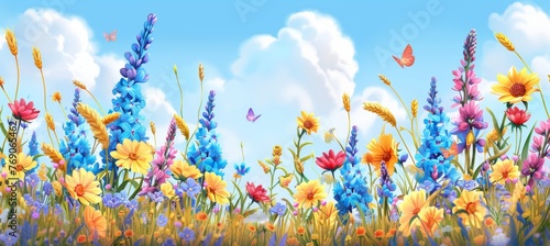 Lively spring flower meadow under blue sky with copy space, blurred background for text placement © Ilja
