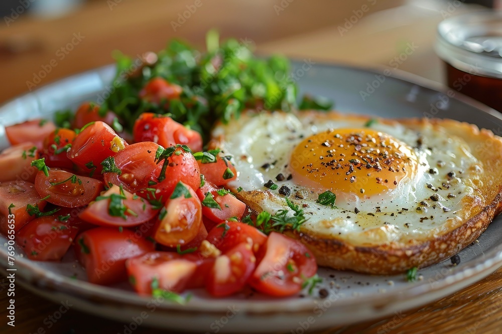 A fresh plate of sunny side up eggs sprinkled with seasonings and diced tomatoes on a wooden table A fresh plate of sunny side up eggs sprinkled with seasonings and diced tomatoes on a wooden table