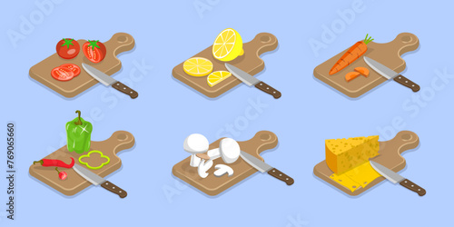 3D Isometric Flat Vector Set of Cooking Food Process, Meat, Fish, Vegetable Chopping Slices on a Board