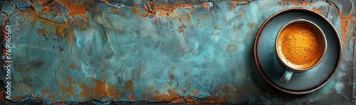 a shot of a coffee cup on a plate of black matt, in the style of dark turquoise, rustic texture, panoramic scale, shaped canvas, decorative backgrounds. Generative AI photo
