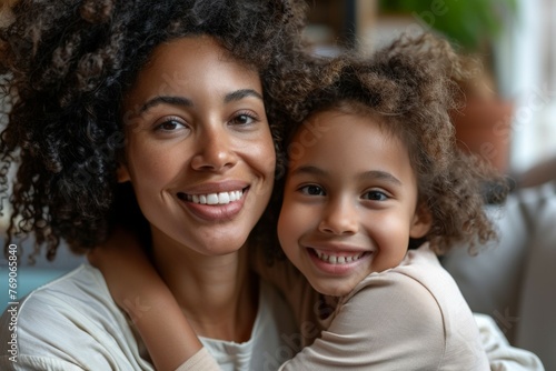 A woman and a young girl are hugging each other, both smiling