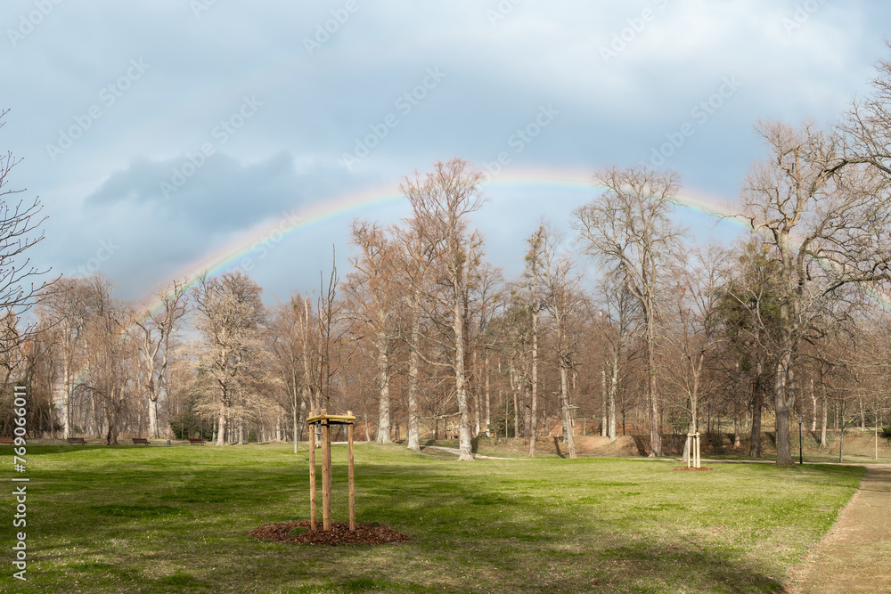 Sun after rain in the Lustgarten Wernigerode a rainbow