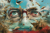 A surreal combination of crumbling pince-nez, smeared with glasses, animals, brush and red sea, AI generated