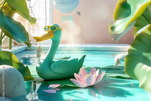 a visually stunning 3D composition showcasing a playful clay-animated duck in sunglasses, basking in the natural sunlight on a lotus leaf, surrounded by a serene swimming pool and rococo pastel hues