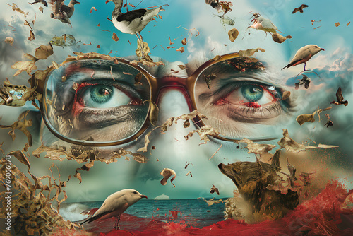 A surreal combination of crumbling pince-nez, smeared with glasses, animals, brush and red sea, AI generated photo