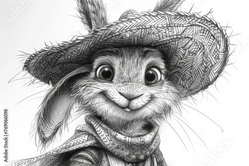 Cute Rabbit character in a hat on a white background. Pencil drawing. Illustration photo