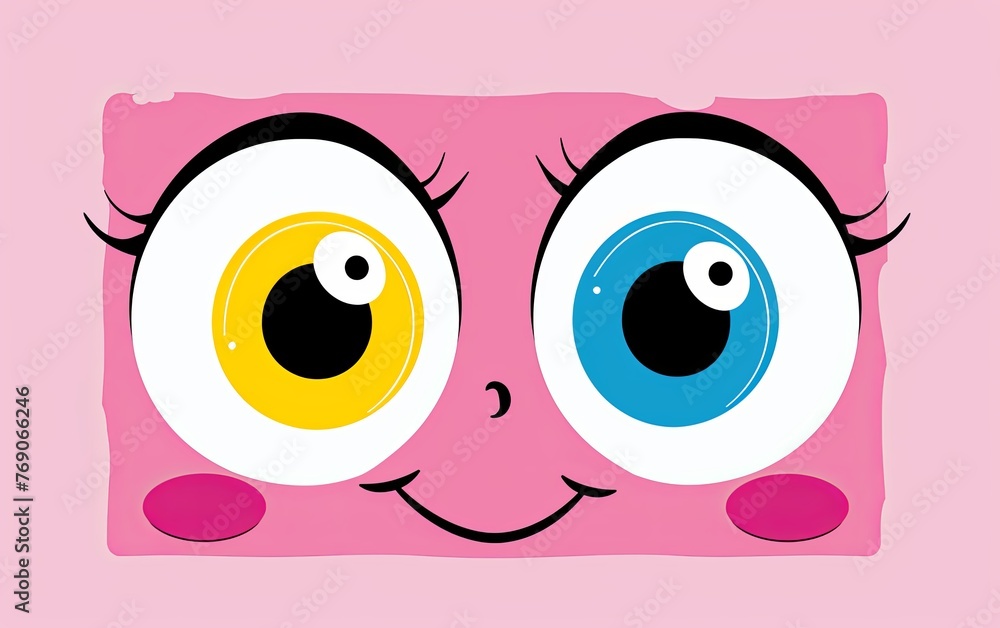Happy smiling face with colorful eyes. Cartoon face. Illustration for cover, card, sticker, brochure or print.