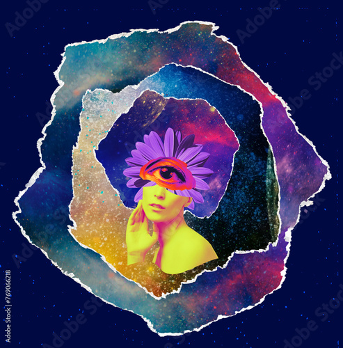 Woman in science. Female astrophysicist, fusion explore space, astronomical objects. Concept of travel - art collage or design about space and research © Solarisys