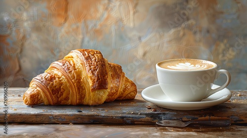 coffee and croissant photo wallpaper free, in the style of hyperrealistic compositions, soft focal points. Generative AI