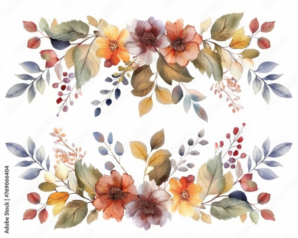 Watercolor autumn floral garland, leaves and flowers in muted colors, simple design, isolated on white background, clipart with empty space for text. - obrazy, fototapety, plakaty 