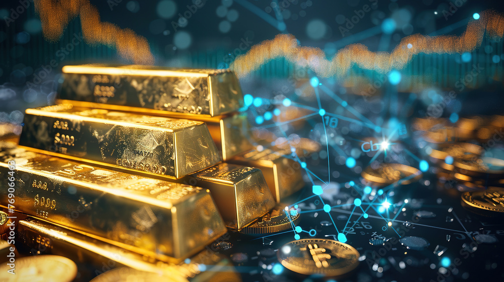 Gold bar stack and investment stock graph business concept on gold particles background with growth financial money exchange chart coin treasure  - obrazy, fototapety, plakaty 