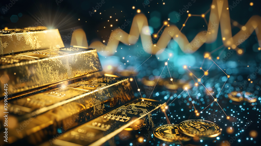 Gold bar stack and investment stock graph business concept on gold particles background with growth financial money exchange chart coin treasure  - obrazy, fototapety, plakaty 