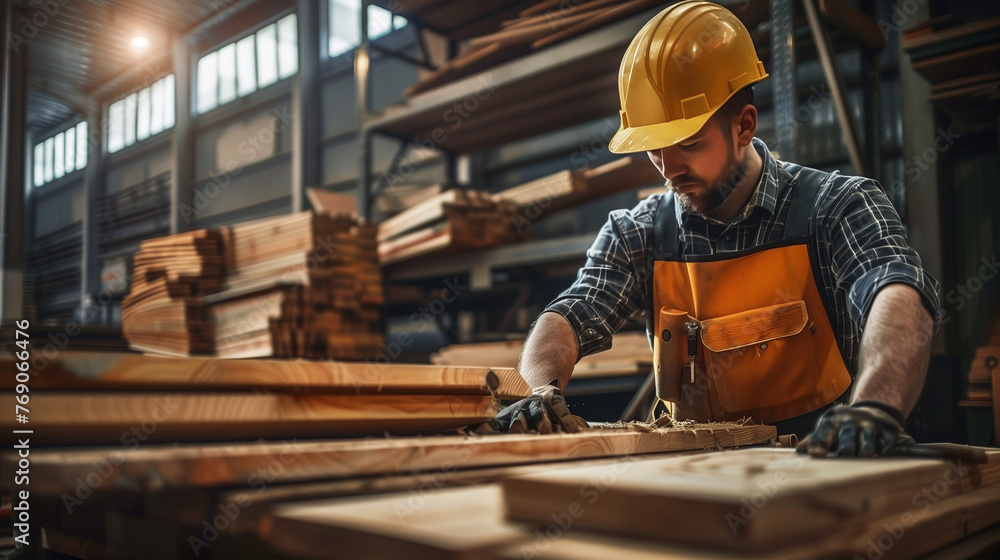 Concentrated male carpenter shaping a wooden plank with tools in a well-equipped woodworking factory. Concentrated male carpenter shaping a wooden plank with tools in a well-equipped woodworking factory.