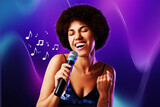 Singer's performance poster. Woman with microphone on bright background