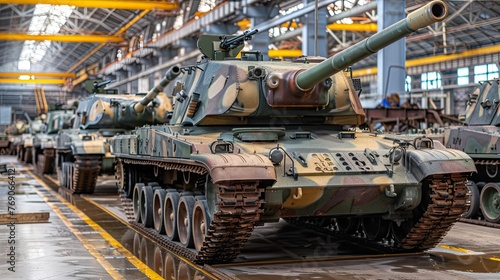 A lot of tanks are standing inside the hangar. Exhibition of military equipment. Shop for finished products or repair. Illustration for cover, card, postcard, interior design, decor or print.