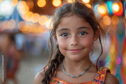 Portrait of a charming young girl with a sincere smile, enjoying the fair with lights in the background