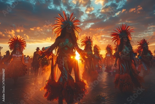 A powerful traditional dance performance captured in silhouette against a breathtaking sunset backdrop photo