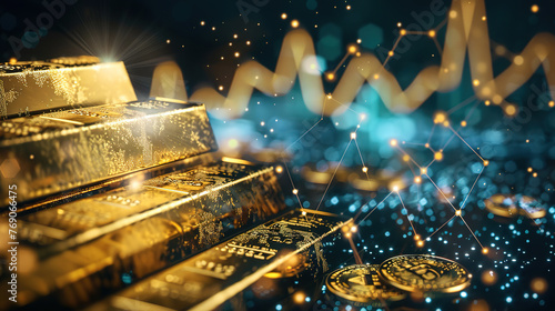 Gold bar stack and investment stock graph business concept on gold particles background with growth financial money exchange chart coin treasure 