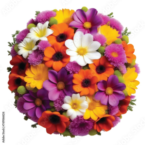 Top view beautiful round shaped flower arrangement isolated on white background with various flowers