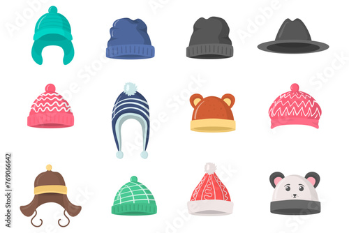 Collection of winter or autumn hats in flat style. Knitted hat, caps for girls and boys in cold weather isolated on white background. Web page design element icon. Vector illustration