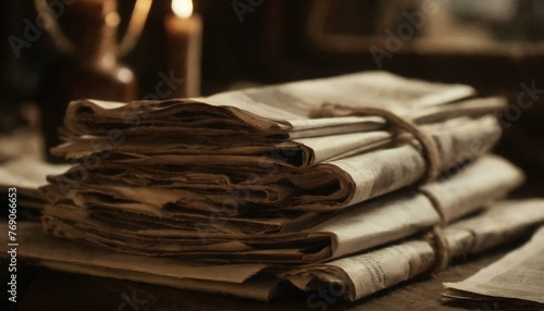 Vintage Chronicles: Selective Focus on Pile of Old Newspapers