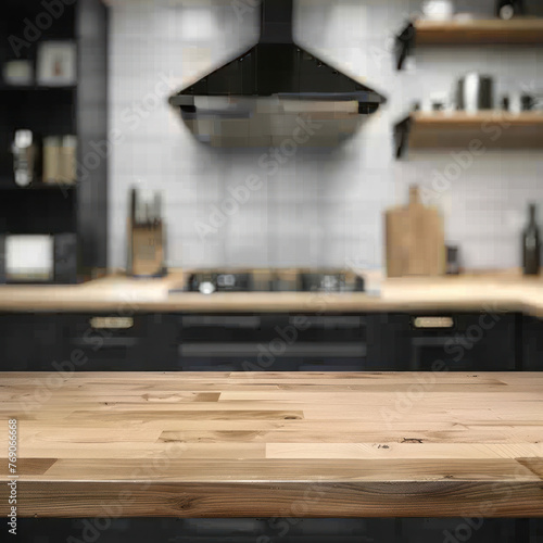 Wooden table on a blurred kitchen background