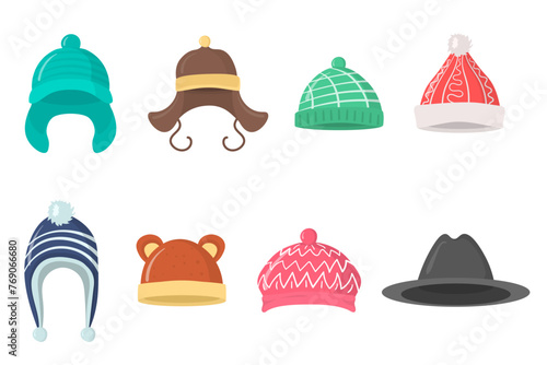 Collection of winter or autumn hats in flat style. Knitted hat, caps for girls and boys in cold weather isolated on white background. Web page design element icon. Vector illustration