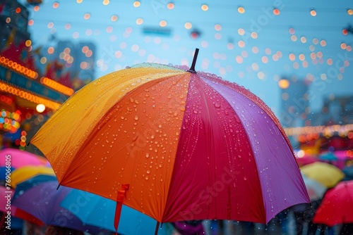 A colorful umbrella stands out against a rainy backdrop, with sparkling raindrops and blurred festive lights photo