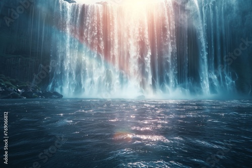 A waterfall cascades into a river  with sunlight piercing through the water